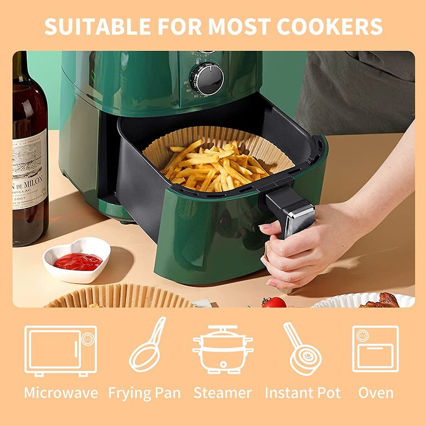 All-in-One Air Fryer Paper Liners – 200pcs, Non-Stick, Grease-Proof, 6.3”