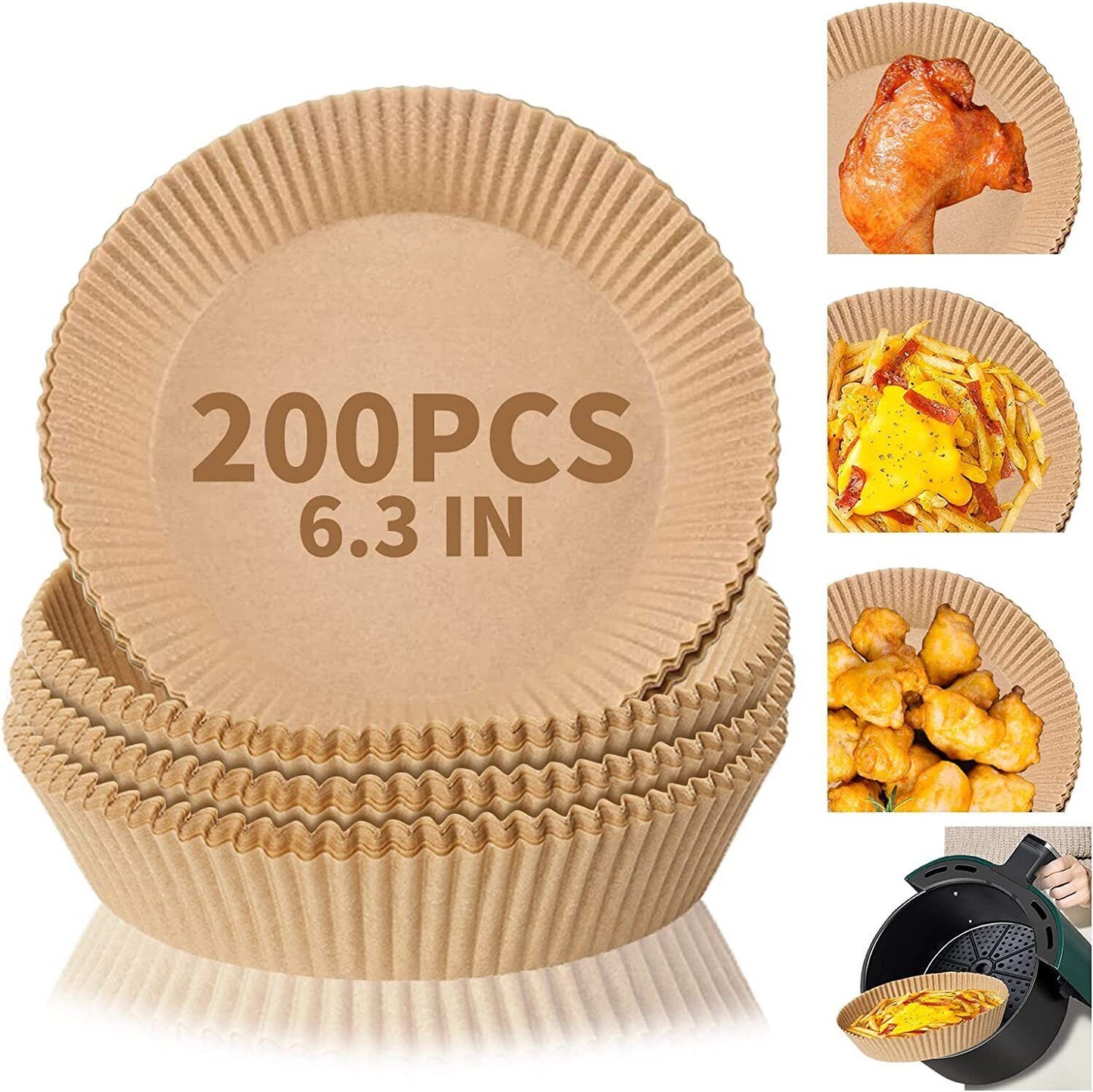 All-in-One Air Fryer Paper Liners – 200pcs, Non-Stick, Grease-Proof, 6.3”