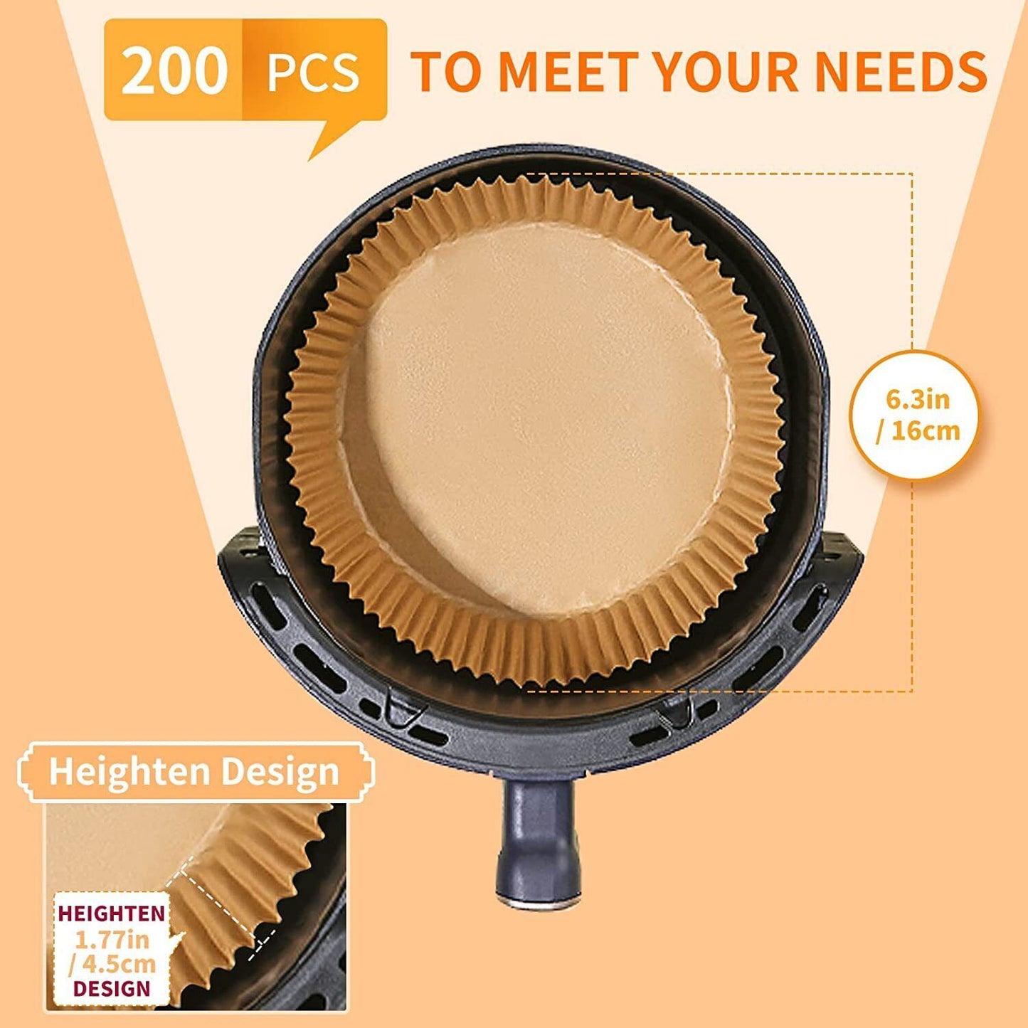 All-in-One Air Fryer Paper Liners – 200pcs, Non-Stick, Grease-Proof, 6.3”