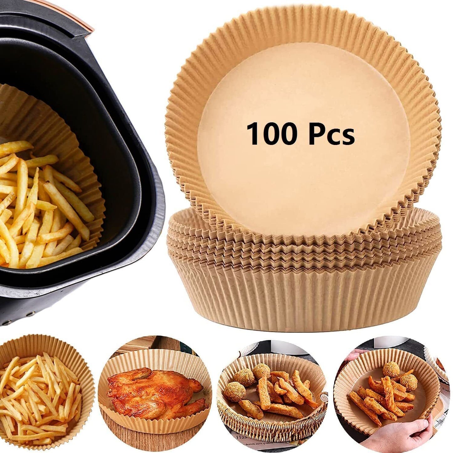 All-in-One Air Fryer Paper Liners – 200pcs, Non-Stick, Grease-Proof, 6.3”