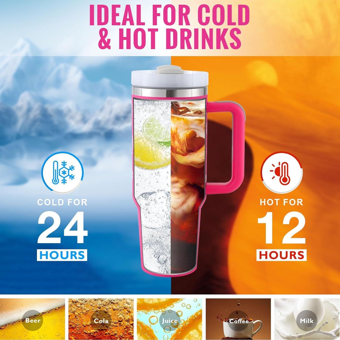 40 Oz Insulated Tumbler with Handle & Straw – Stainless Steel, Spill-Proof Travel Mug