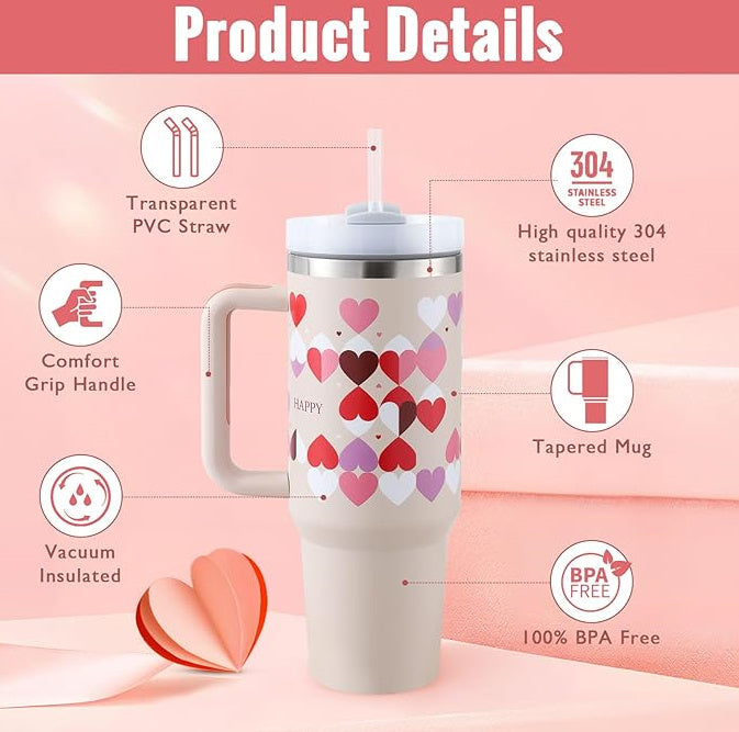 40 Oz Insulated Tumbler with Handle & Straw – Stainless Steel, Spill-Proof Travel Mug